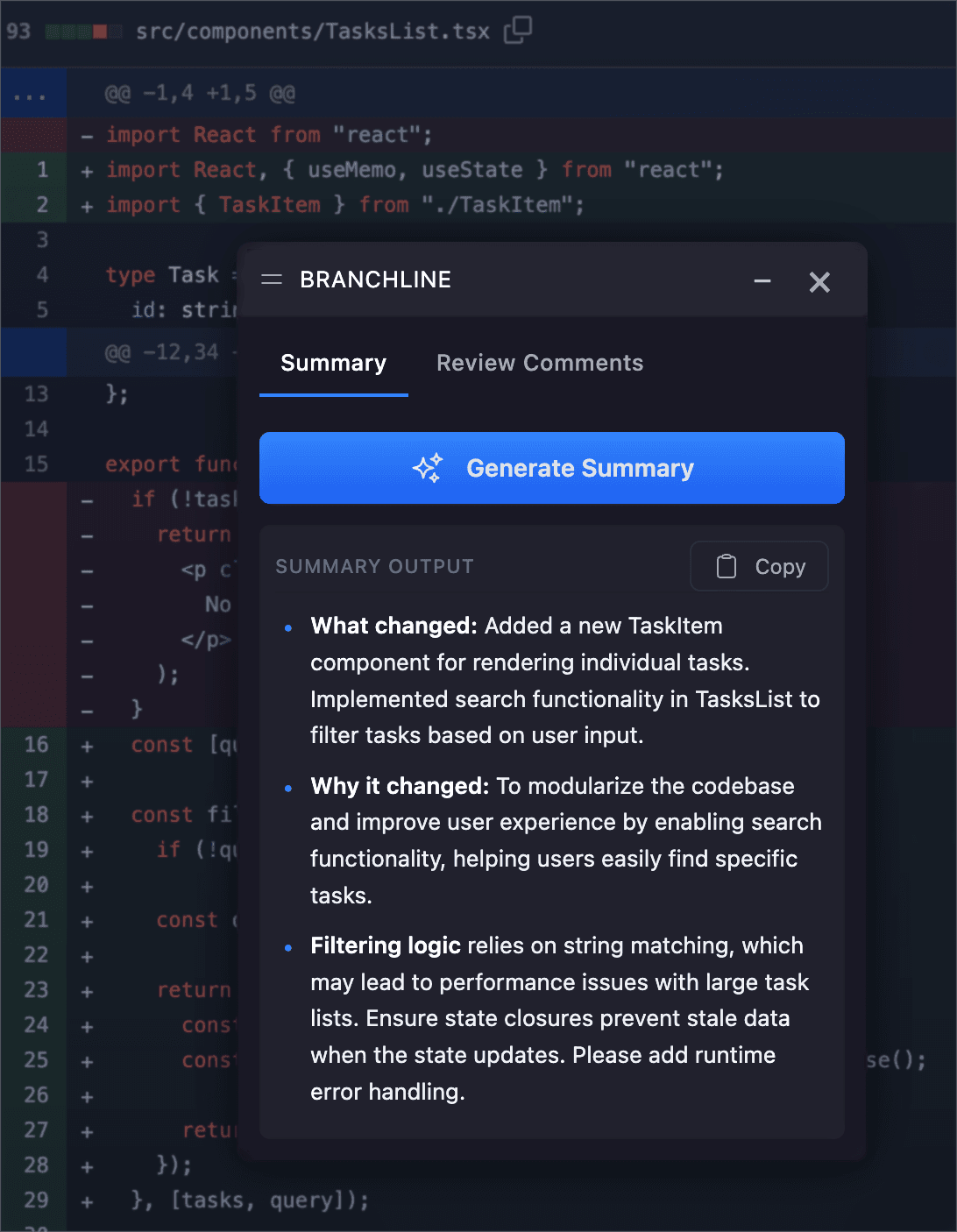 Branchline Chrome extension interface showing PR review features